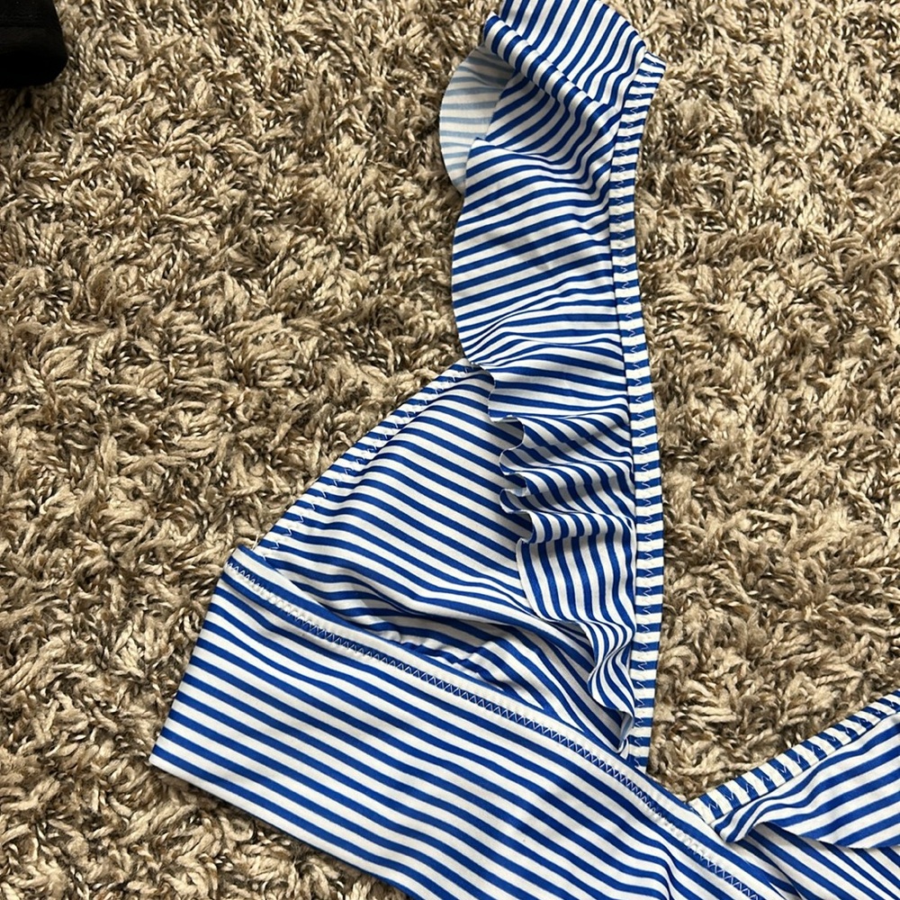 aerie Blue & White Striped Ruffle V-Neck Bikini Top - Picture 4 of 7